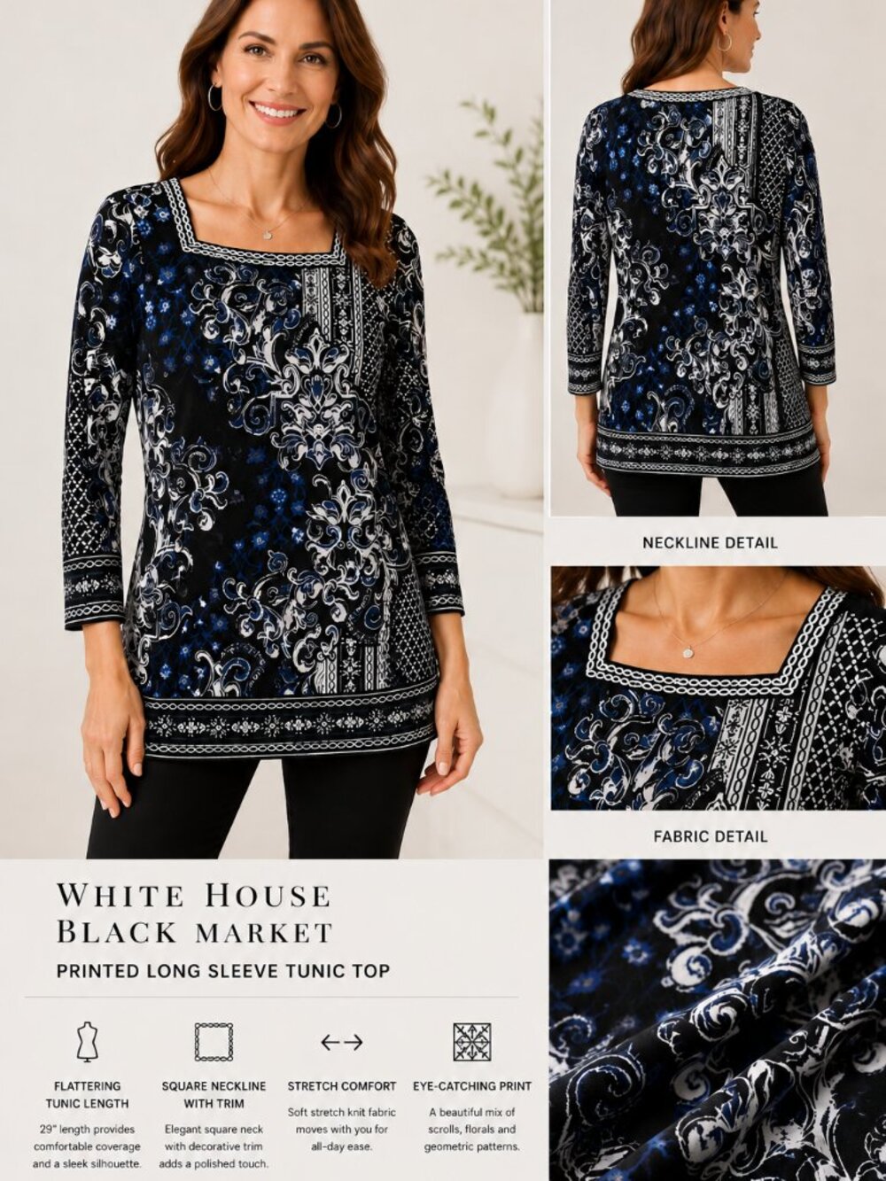 White House Black Market Printed Long Sleeve Tunic Top in Black, White & Blue